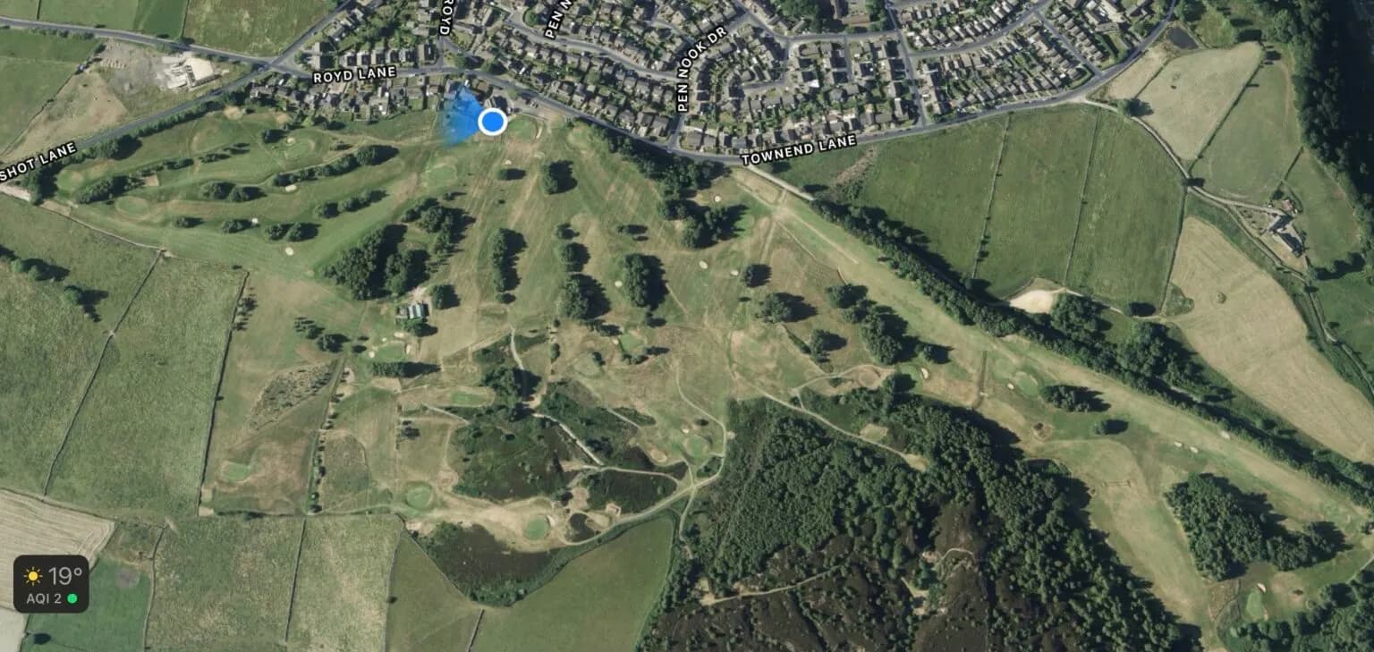 Aerial view of Stocksbridge Golf Club showing the clubhouse on Royd Lane